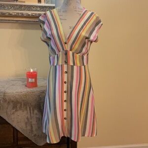 Button-Up Stripped Casual Dress with Yoke Waistband